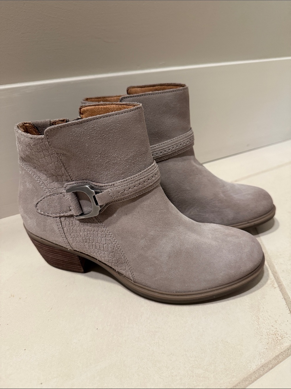 Clarks Taupe Suede Ankle Booties with Side Buckle